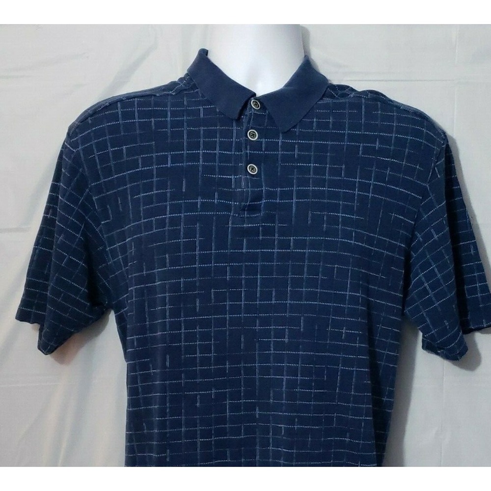 Tommy Bahama Mens Blue Silk Cotton Geometric Grid Polo Shirt Large